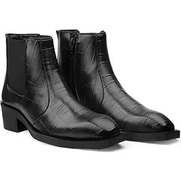 Men's 2 Inch Block Heel Height Increasing Faux Leather Material, Casual Formal Slipon Chelsea Boot And Outdoor Boot