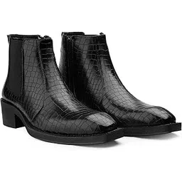 Men's 2 Inch Block Heel Height Increasing Premium Crocodile Texture Leather Material Casual Formal Slipon Chelsea Boot