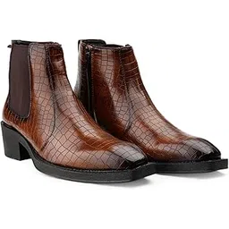 Men's 2 Inch Block Heel Height Increasing Premium Crocodile Texture Leather Material Casual Formal Slipon Chelsea Boot