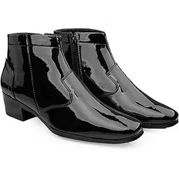 Men's 2 Inch Heel Height Increasing Patent Material with Casual Formal Slipon Outdoor, Ankle Boot.