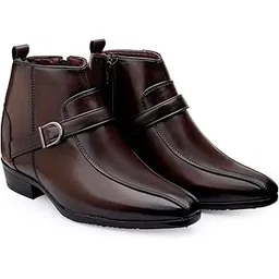 Men's 3.5 Inch Hidden Height Increasing Faux Leather Material Formal Ankle Boots with Buckle Detail.