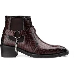 Men's 5-6 CM Block Heel Height Increasing Crocodile Texture Material, Casual Formal Slipon Chelsea Boot With Silver Chain