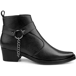 Men's 5-6 CM Block Heel Height Increasing Faux Leather Material, Silver Chain Casual Formal Slipon Outdoor Ankle Boot