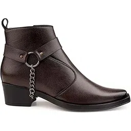 Men's 5-6 CM Block Heel Height Increasing Faux Leather Material, Silver Chain Casual Formal Slipon Outdoor Ankle Boot
