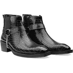 Men's 5.08 CM Block Heel Height Increasing, Casual Formal Slipon Chelsea Boot and Dress Boot with Silver Chain