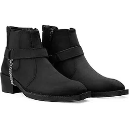 Men's 5.08 Cm Block Heel Height Increasing, Casual Formal Slipon Chelsea Boot And Outdoor Wear Dress Boot With Silver Chain
