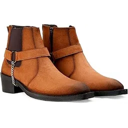 Men's 5.08 Cm Block Heel Height Increasing, Casual Formal Slipon Chelsea Boot And Outdoor Wear Dress Boot With Silver Chain