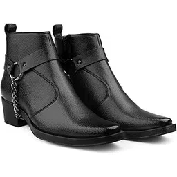 Men's 5.08 Cm Block Heel Height Increasing Silver Chain Casual Formal Slipon Outdoor Ankle Boot And Dress Boot