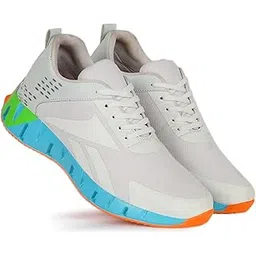 Men's Athletic Sneakers with Colorblock Sole, White Lace-Up Casual Walking Shoes, Blue and Orange Design