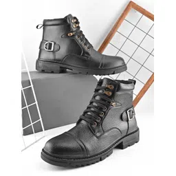 Men’s Biker Boots with Lace-Up, Side Buckle & Rugged Sole Boots For Men