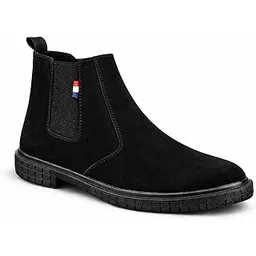 Men's Chelsea Ankle Boots, black foux Leather, Round Toe, Elastic Side Panels, Rubber Sole, Block Heel, Classic Style