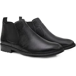 Men's Chelsea Ankle Boots, Black Leather, Elastic Side Panels