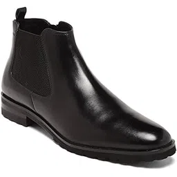 Mens Chelsea Boot, Slip On Entry, Black, Top Grain Leather, Casual Lounging Boot, EVA Sole, Stacked Heel
