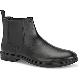 Men's Chelsea Boots, Black Leather, Elastic Side Panel, Pull-On Style, Low Heel