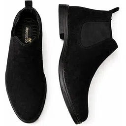 Men's Chelsea Boots, Black Suede Leather Ankle Boots with Elastic Side Panels, Slip-Resistant Sole, Cushioned Insole