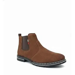 Men's Chelsea Boots, Brown Suede, Casual Ankle Length with Contrast Stitching and Elastic Side Panels