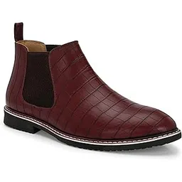 Men's Crocodile-Design Chelsea Boots, Leather, Ankle-High, Brown, TPR Sole