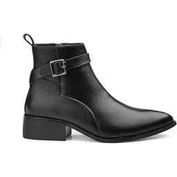 Men's Faux Leather Material, Casual Formal Buckle-Strap Ankle Length Boot With Comfortable Pu Block Heel
