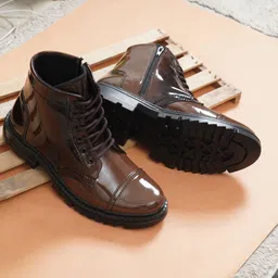 Men’s Glossy Lace-Up Ankle Boots with Chunky Sole for Casual & Work Wear Boots For Men