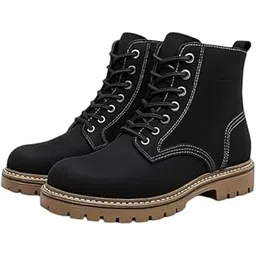 Men's High Ankle Leather Boots | Memory Foam Cushioned Outdoor Boots for Men | Lightweight, Anti-Slip, Rugged & Comfortable Lace-Up Footwear for Everyday Wear (Black)