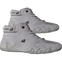 Men's Italian Light Weight Platform Fashion Sued Leather Sneakers Boots for Men| Sports, Casual Shoes for Mens | Ankle Lace-Up Footwear for Men or Boys Grey