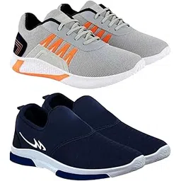 Men's Mesh Sports Shoes, Grey and Orange with Navy Trim, Lightweight Running Sneakers, Lace-Up Athletic Training Footwear