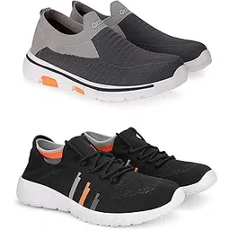Men’s Mesh Sports Shoes | Lightweight Breathable Sneakers | Comfortable Running & Walking Footwear | Stylish Casual Everyday Shoes (Size 10, Black Orange & Dark Grey) | Combo of 2