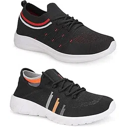 Men’s Mesh Sports Shoes | Lightweight Breathable Sneakers | Comfortable Running & Walking Footwear | Stylish Casual Everyday Shoes (Size 9, Black & Black Red) | Combo of 2