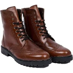 Men’s Tan Brown Brogue Leather Boots | Full-Grain Leather | Side Zipper | Handcrafted Ankle Boots with Side-Stitched Grip Sole