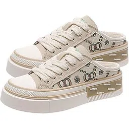 MERISHOPP Women Backless Slip On Mule Sneakers Breathable Fashion Canvas Shoes Loafers Beige 23.5-24