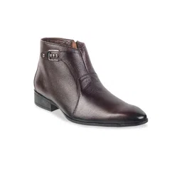 Metro Men Brown Solid Mid-Top Leather Flat Boots