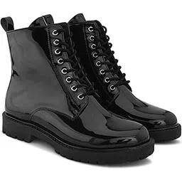 Metrostride Glossy Black Combat Premium Patent Faux Leather Lace-Up Ankle Boots, Rugged Anti-Slip Sole, Stylish Party, Casual & Outdoor Wear Shoes for Women