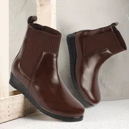 Mid Top Socks Collar Broad Feet Slip On Wedge Heel Chelsea Boots For Women