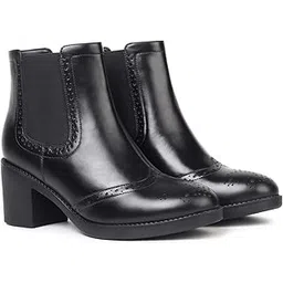 Midnight Brogue Chelsea Ankle Length Heeled Boots For Women | Comfortable and Stylish with Low Block Heel | Casual,Formal Wear for Winter