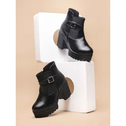 MODARE Women Round Toe Block-Heeled Chunky Boots