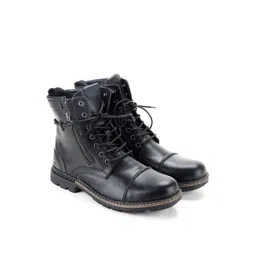 MONDAIN Men Black Leather Lace-up Boots With Zip