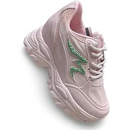N P Style Women's Chunky Platform Sneakers with Green Crystal Logo, White Mesh Upper, Lace-up Athletic Shoes