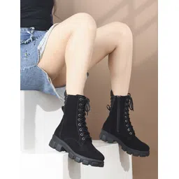 Padchin Women Block Heel Black Boot With Chunky Lug Sole & Lace Up Style Boots For Women