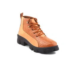 Padchin Women Block Heel Lace-Ups Mid-Top Chunky Boots