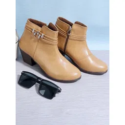 Padchin Women Embellished Block Heeled Mid-Top Zipper Closure Boots