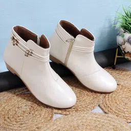 Padchin Women Embellished Trendy Block Heeled Zipper Closure Cream Boots Boots For Women