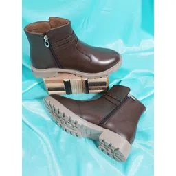 Padchin Women Monk Strap Block Heeled Zipper Closure Chunky Boots