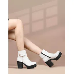 Padchin Women's Block Heel Boot | High ankle Monk Strap Cream Boots Boots For Women