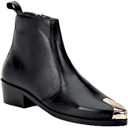 Premium Black Leather Chelsea Boots for Men with Golden Metal Toe | Stylish & Casual Boots