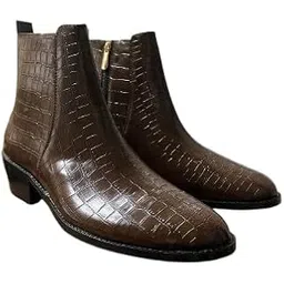 Premium Croco Texture Chelsea Leather Boots for Men | High Ankle Cuban Heel Round Toe Zip Closure Cushioned Insole Boot