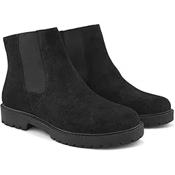 Primewalk Black Chelsea Premium Faux Suede Slip-On Ankle with Elastic Gusset & Rugged Anti-Slip Sole – Stylish Casual, Formal & Outdoor Wear Boots for Women