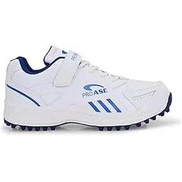 Pro ASE Lightweight Cricket Shoes - Durable & Comfortable | Ideal for Turf, Ground & Hard Surfaces | Allrounder Design with Studs, Velcro & Superior Grip | White, Blue, Grey