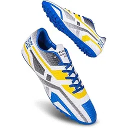 Rapid 2.0 Pro 3D Texture Futsal Shoe Comfort and Style TPU Fusing Texture Upper Football Soccer Shoes| Ideal for Synthetic Turf & Hard Ground| for Men (White-Blue, Size 8)