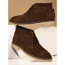 RDXO Men Leather Textured Round Toe Lacs-Up Boots