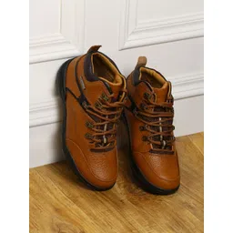 Red Chief Men Tan Brown Solid Leather Mid-Top Sneakers